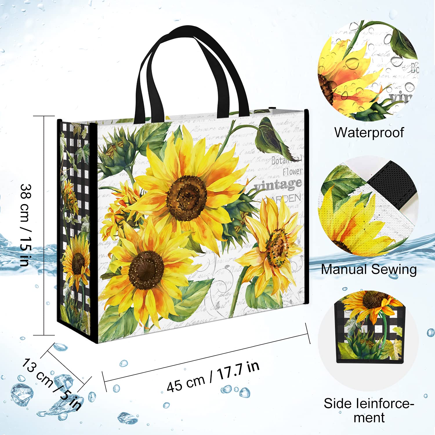 NymphFable 5 Pack Reusable Shopping Bags Sun Flowers Washable Grocery Bags Fabric Tote Bag