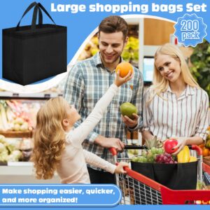 Windyun 200 Pcs Reusable Grocery Bags 12.6 x 11.8 x 6.3 Inches Large Non Woven Shopping Bags Foldable Portable Tote Bags Bulk (Black)