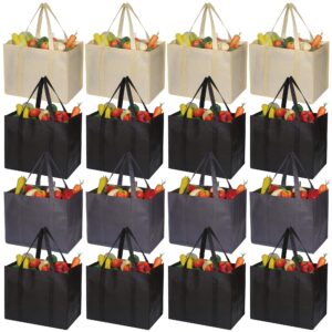 diommell 16 pack reusable grocery bags large foldable heavy duty shopping tote produce bag with reinforced handles for groceries clothes vegetables fruit, black gery beige