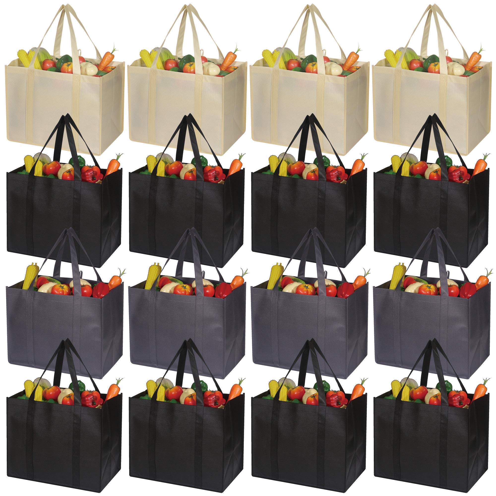 DIOMMELL 16 Pack Reusable Grocery Bags Large Foldable Heavy Duty Shopping Tote Produce Bag with Reinforced Handles for Groceries Clothes Vegetables Fruit, Black Gery Beige