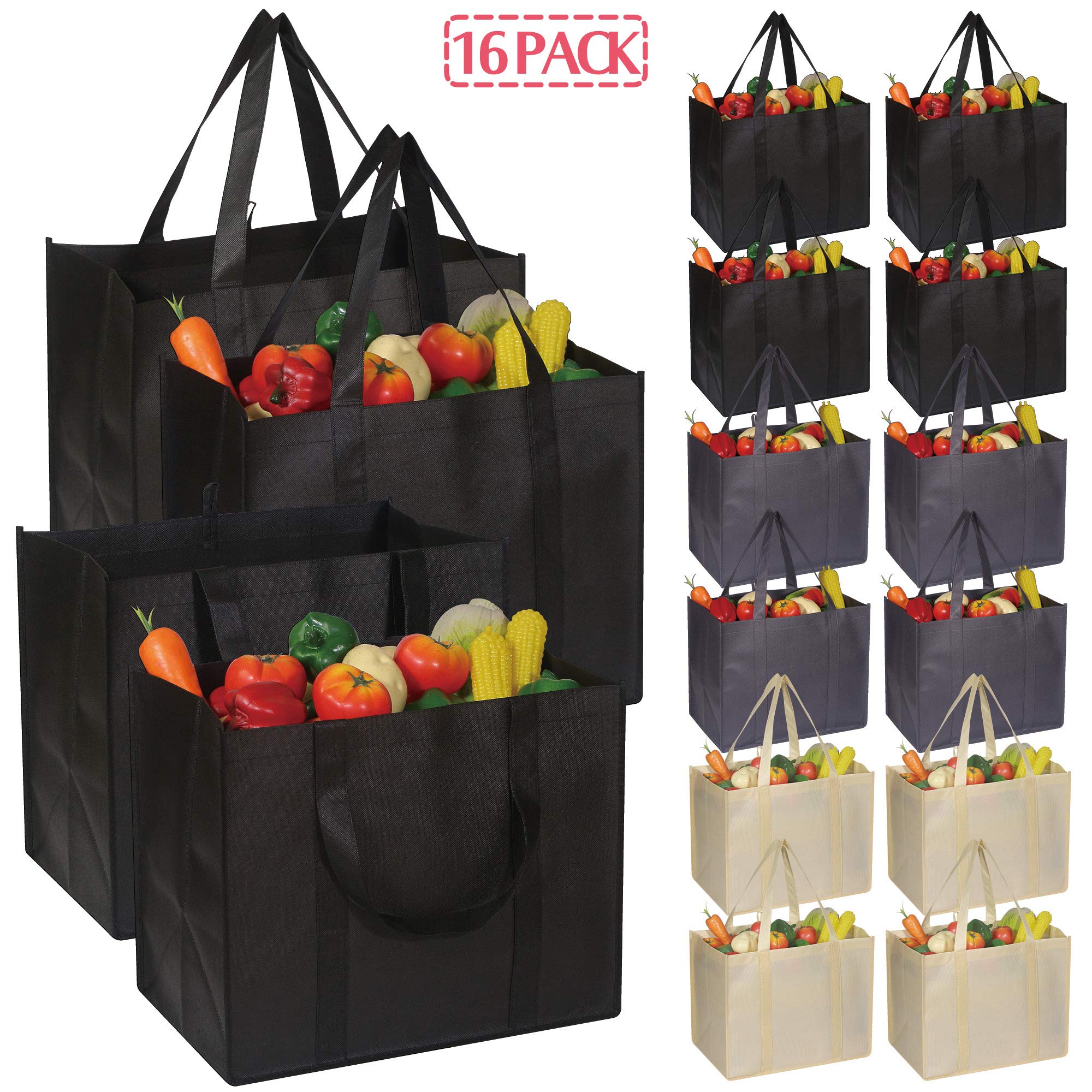 DIOMMELL 16 Pack Reusable Grocery Bags Large Foldable Heavy Duty Shopping Tote Produce Bag with Reinforced Handles for Groceries Clothes Vegetables Fruit, Black Gery Beige