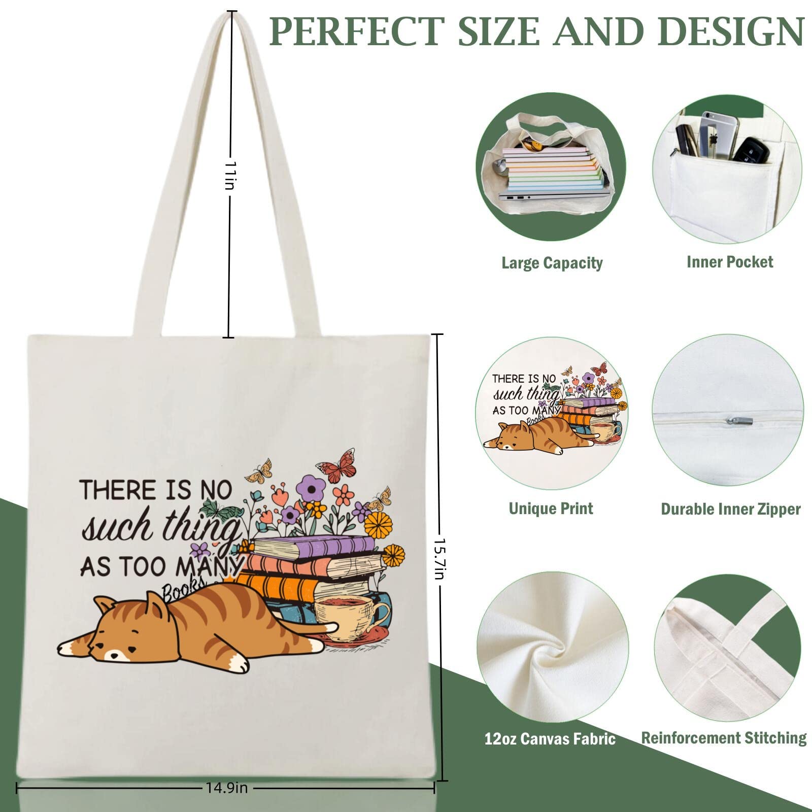 Andeiltech Canvas Tote Bag for Women Aesthetic Cute Cat Shopping Grocery Reusable Bags with Inner Zipper Women Gift