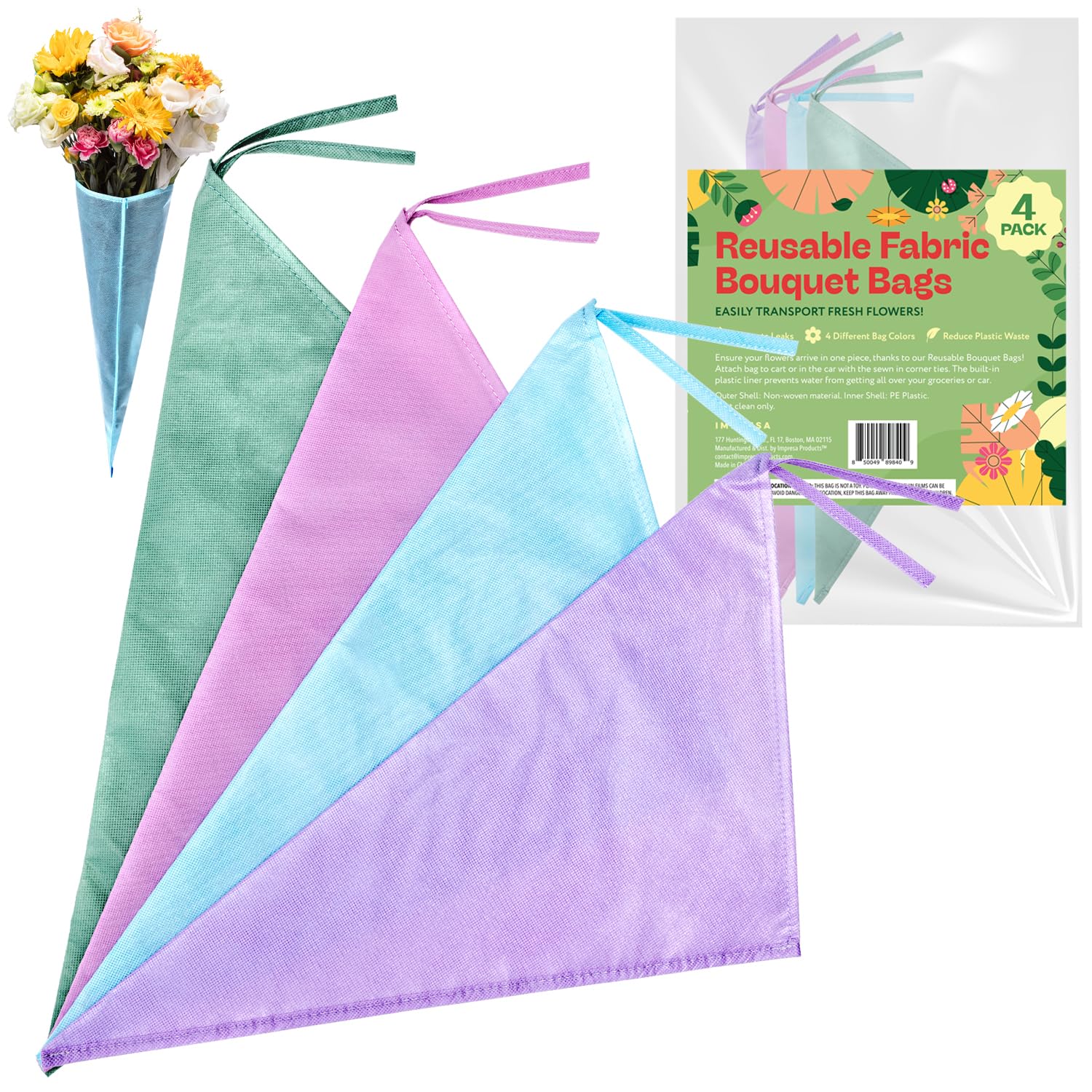 IMPRESA [4 Pack Reusable Bouquet Bags - No Leak Flower Bags for Bouquets - Colorful for Flowers - Flower Bouquet Sleeves - Flower Gift Bags for Valentine's, Weddings, Mother's Day, Anniversary