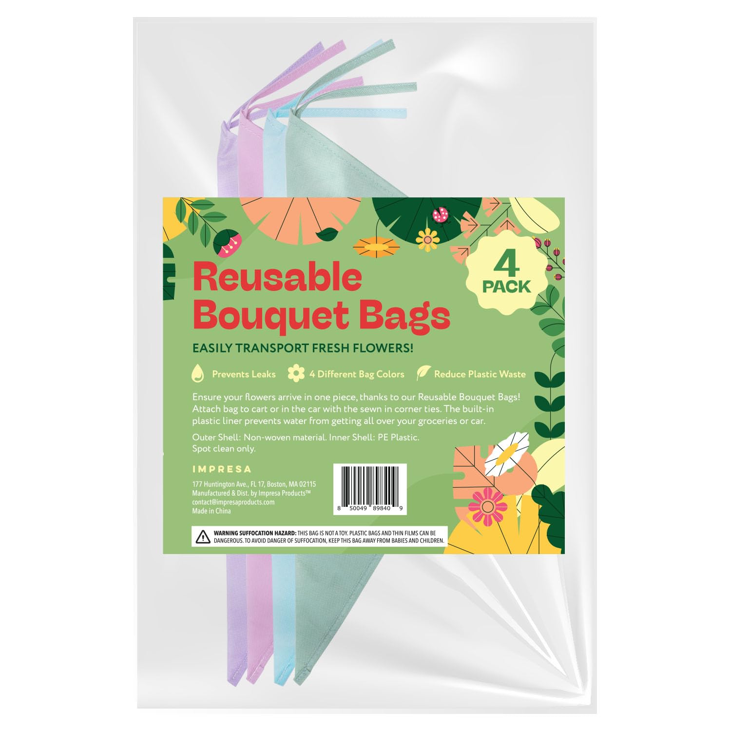 IMPRESA [4 Pack Reusable Bouquet Bags - No Leak Flower Bags for Bouquets - Colorful for Flowers - Flower Bouquet Sleeves - Flower Gift Bags for Valentine's, Weddings, Mother's Day, Anniversary