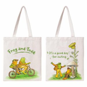 theyge funny frog tote bag cute frog and toad canvas bag for women gift cotton canvas tote bag with pocket reusable grocery bag beach shopping shoulder bag