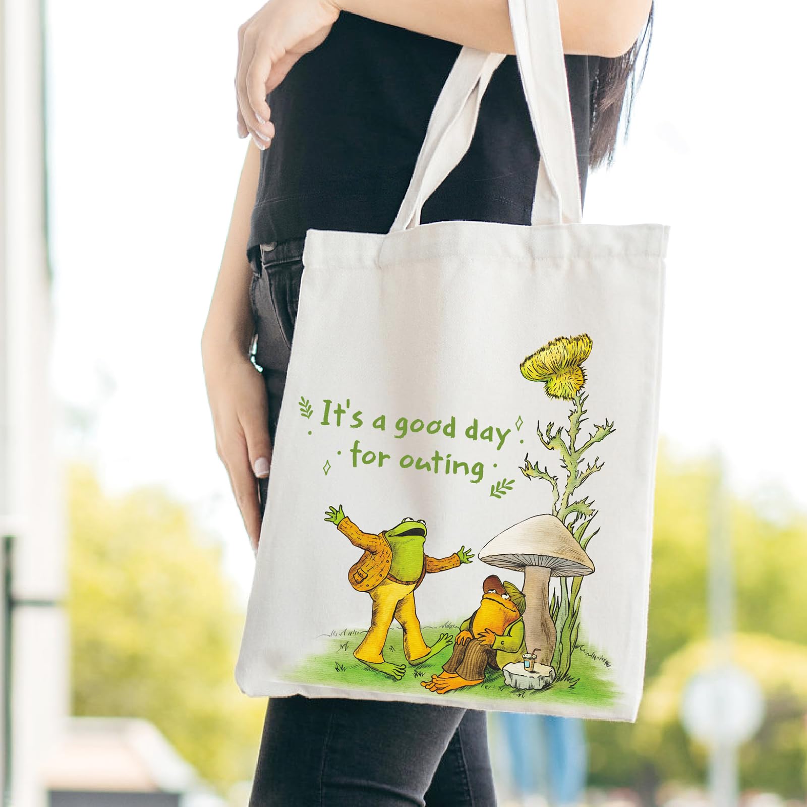 THEYGE Funny Frog Tote Bag Cute Frog and Toad Canvas Bag for Women Gift Cotton Canvas Tote Bag with Pocket Reusable Grocery Bag Beach Shopping Shoulder Bag