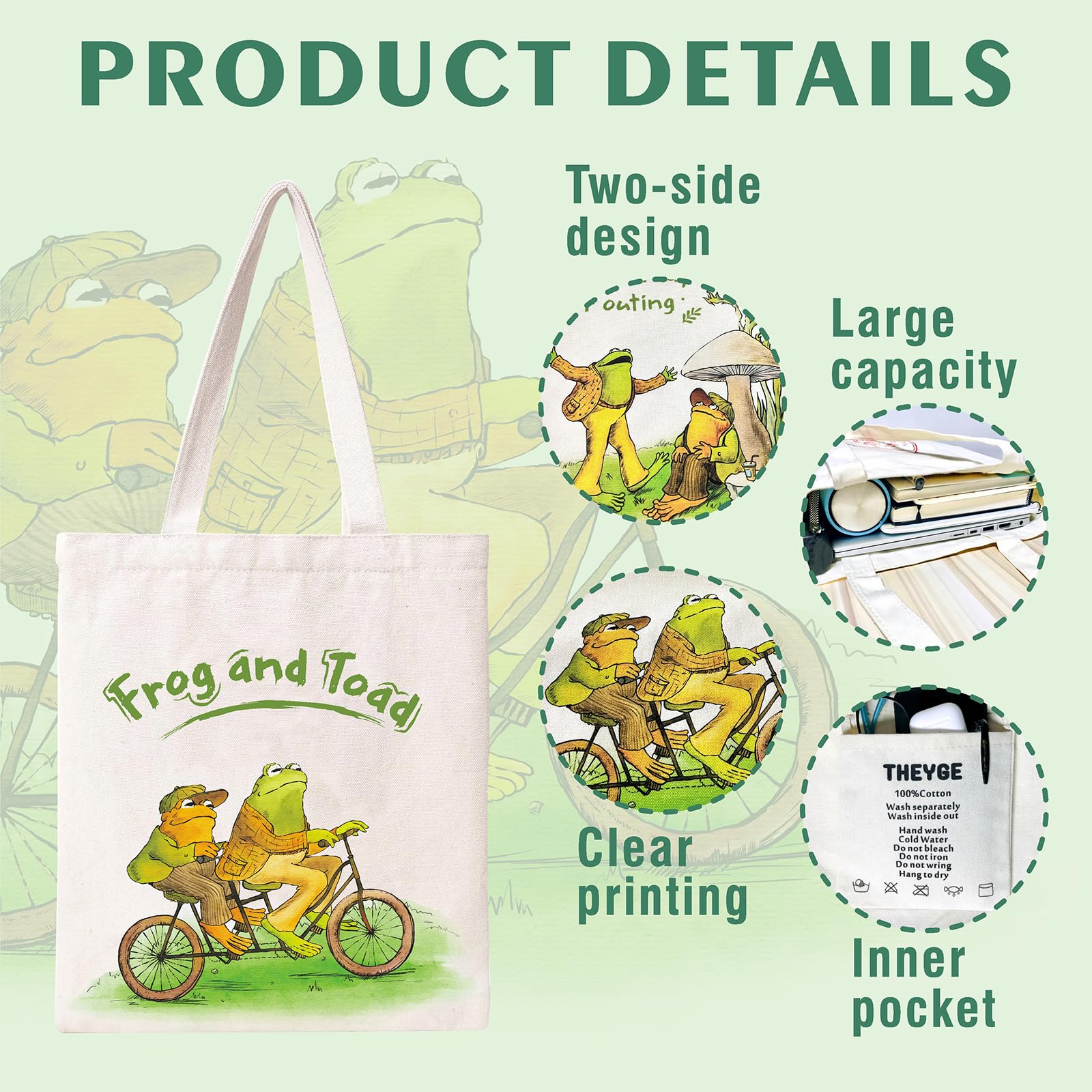 THEYGE Funny Frog Tote Bag Cute Frog and Toad Canvas Bag for Women Gift Cotton Canvas Tote Bag with Pocket Reusable Grocery Bag Beach Shopping Shoulder Bag