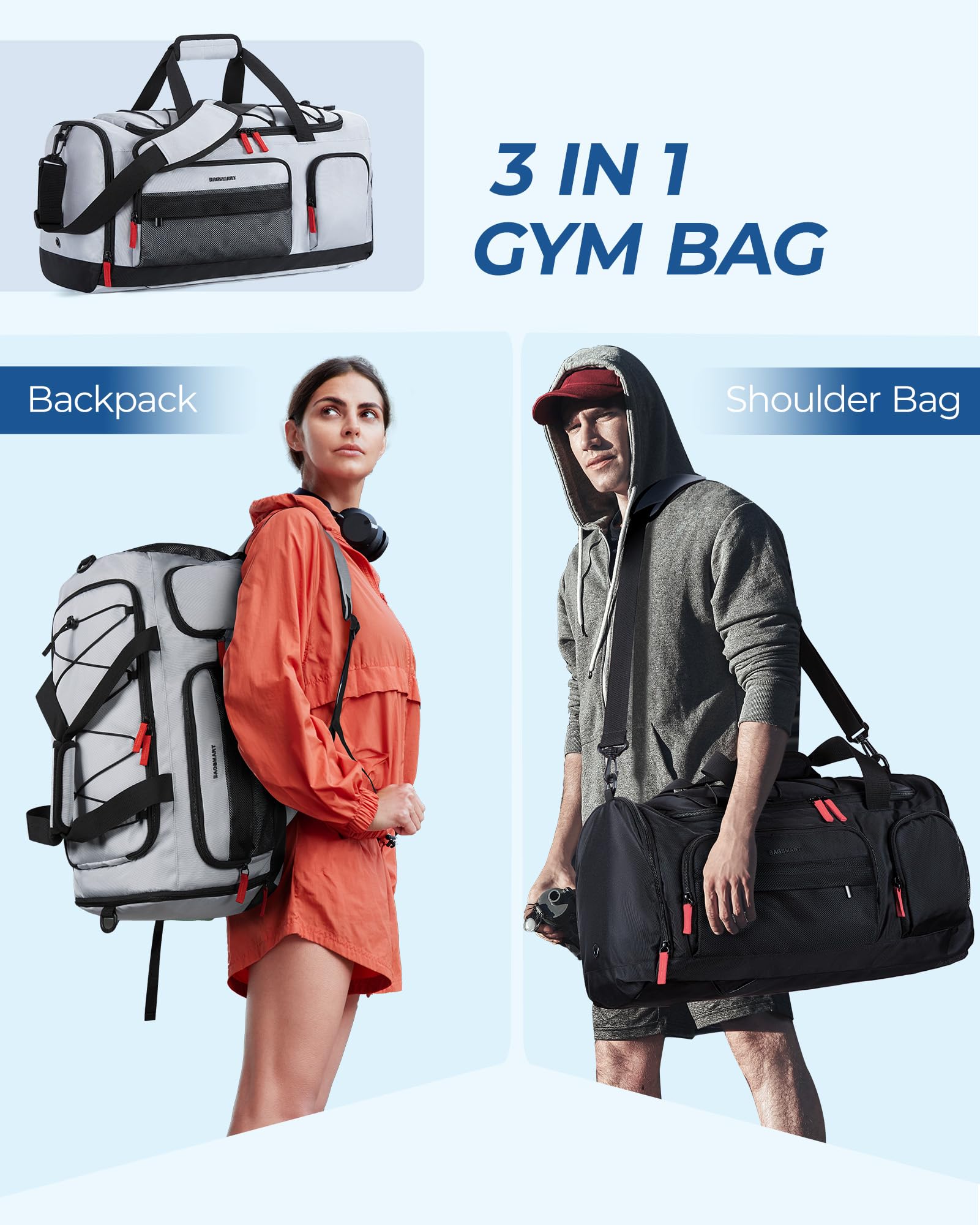 BAGSMART Gym Bag for Women & Men, 35L Sports Travel Duffel Bag with Shoe Compartment，Anti-Theft Carry On Weekend Bag for Airplane, Water Resistant Workout Overnight Backpack for Travel Gym,Grey