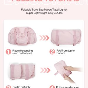 BAGSMART Foldable Travel Duffle Bag For Women, Gym Tote Bag for Sports, 26L Airport Carry On Weekender Overnight Bag for Travel, Travel Accessories(Baby Pink)