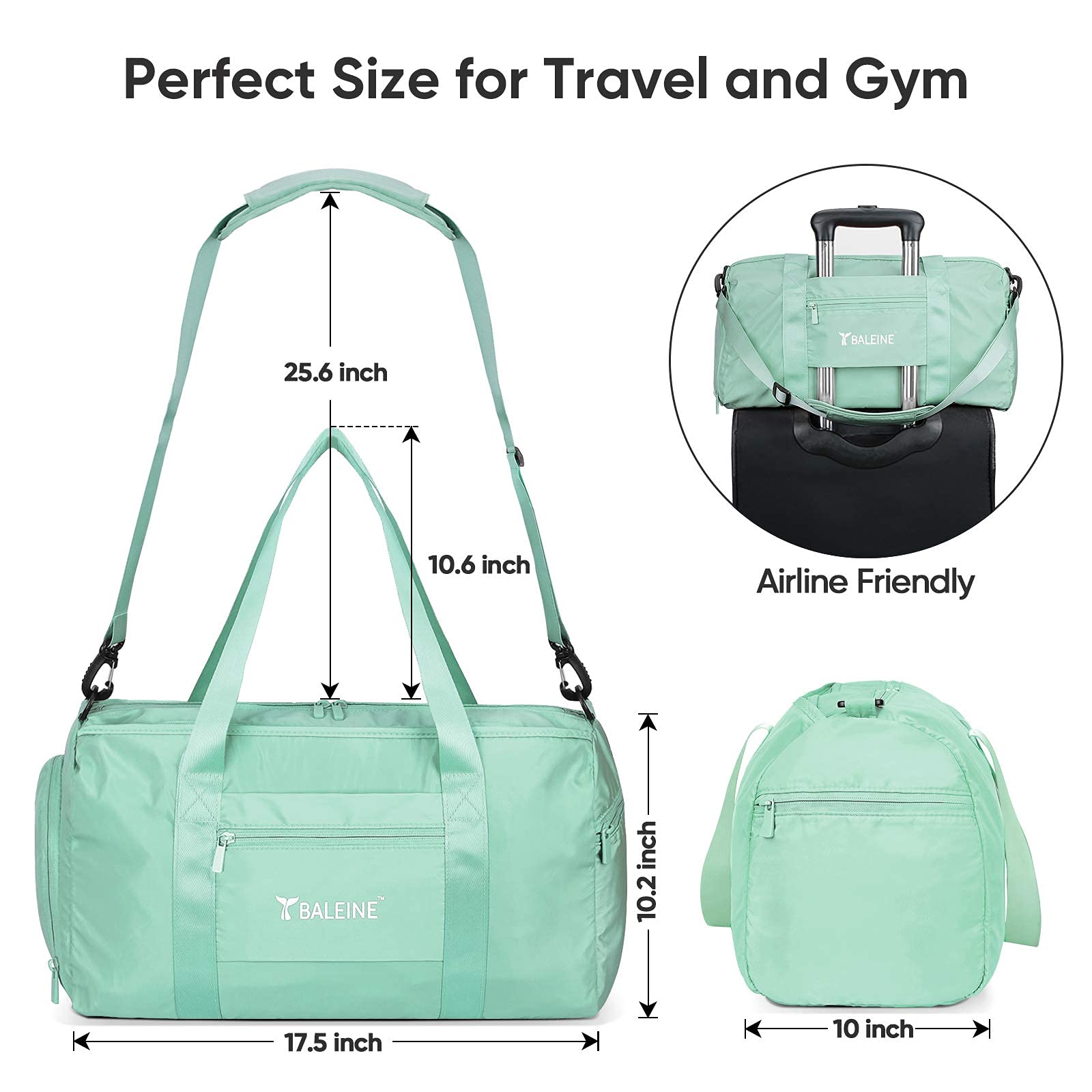 BALEINE Gym Bag for Women and Men, Small Duffel Bag for Sports, Gyms and Weekend Getaway, Waterproof Dufflebag with Shoe and Wet Clothes Compartments, Lightweight Carryon Gymbag (Green)