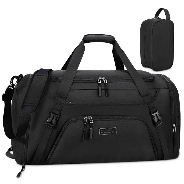 Gym Duffle Bag for Women Men 55L Waterproof Sports Bags Travel Duffel Bags with Shoe Compartment,Wet Pocket Large Weekender Overnight Bag with Toiletry Bag,Black