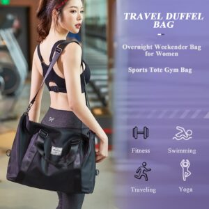 Travel Duffel Bag,Sports Tote Gym Bag,Shoulder Weekender Overnight Bag for Women with Wet Pocket,Black(No Luggage Strap)