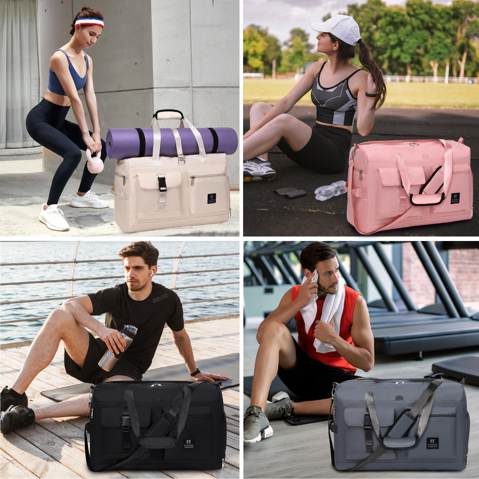 Gym Bag for Women and Men, MYHOZEE Travel Duffel Bag Weekender Overnight Bag with Wet Pocket and Shoes Compartment, Waterproof Sports Tote Swimming Yoga Bags Black