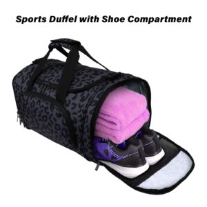 MOSISO Sports Travel Duffel Bag for Women Men, Leopard Grain Gym Bag Lightweight Weekend Overnight Bag with Shoe Compartment for Travel Dance Yoga, Black