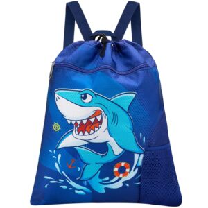 wawsam shark gym drawstring backpack - 15” x 17” sports gym bag drawstring bag for boys kids waterproof string backpack for beach swim travel yoga gift with zipper pocket and water bottle pocket