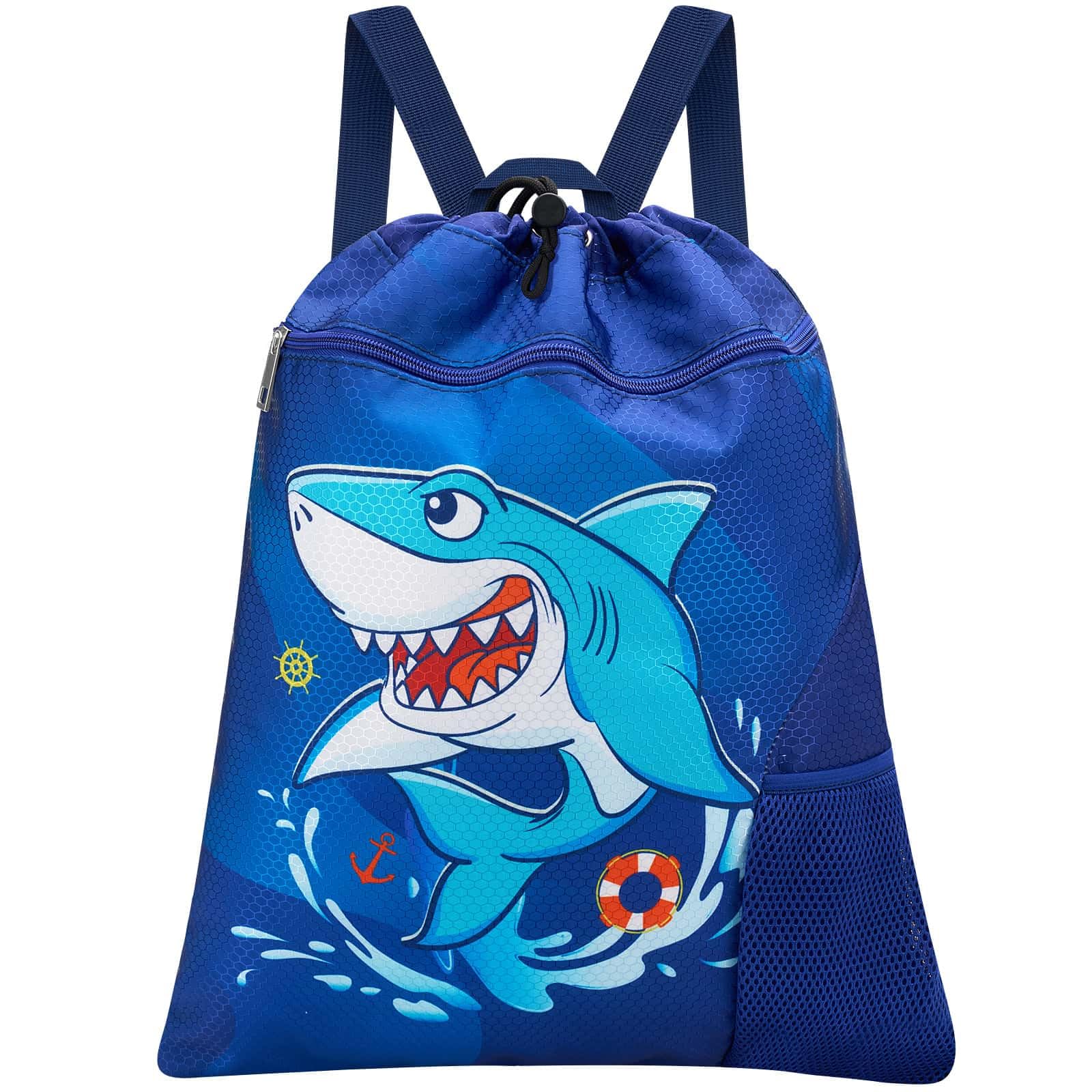 WAWSAM Shark Gym Drawstring Backpack - 15” x 17” Sports Gym Bag Drawstring Bag for Boys Kids Waterproof String Backpack for Beach Swim Travel Yoga Gift with Zipper Pocket and Water Bottle Pocket