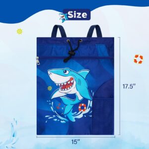 WAWSAM Shark Gym Drawstring Backpack - 15” x 17” Sports Gym Bag Drawstring Bag for Boys Kids Waterproof String Backpack for Beach Swim Travel Yoga Gift with Zipper Pocket and Water Bottle Pocket