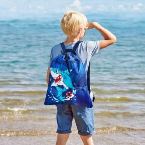 WAWSAM Shark Gym Drawstring Backpack - 15” x 17” Sports Gym Bag Drawstring Bag for Boys Kids Waterproof String Backpack for Beach Swim Travel Yoga Gift with Zipper Pocket and Water Bottle Pocket