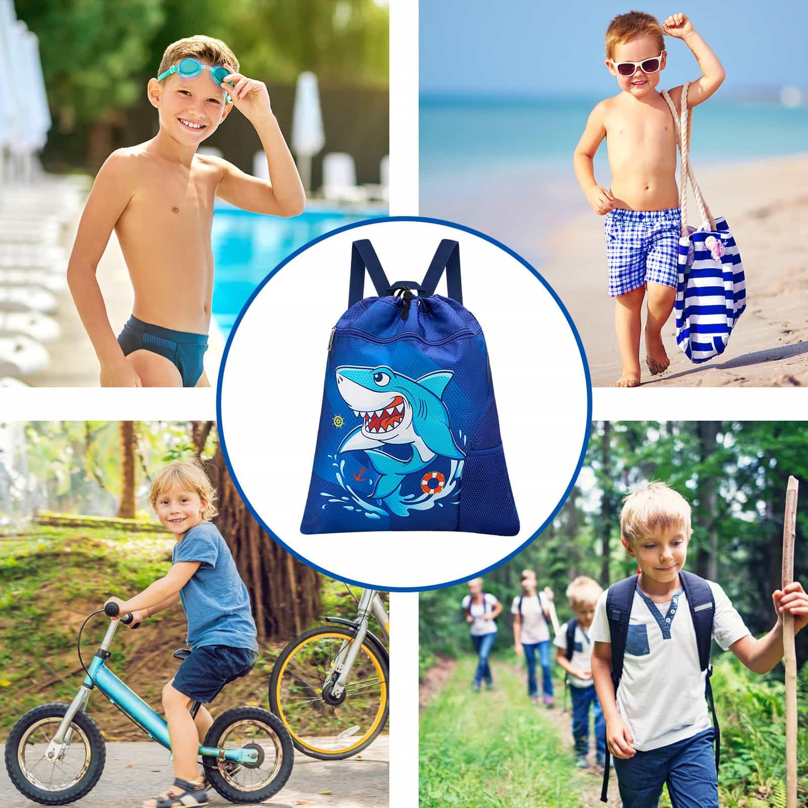 WAWSAM Shark Gym Drawstring Backpack - 15” x 17” Sports Gym Bag Drawstring Bag for Boys Kids Waterproof String Backpack for Beach Swim Travel Yoga Gift with Zipper Pocket and Water Bottle Pocket