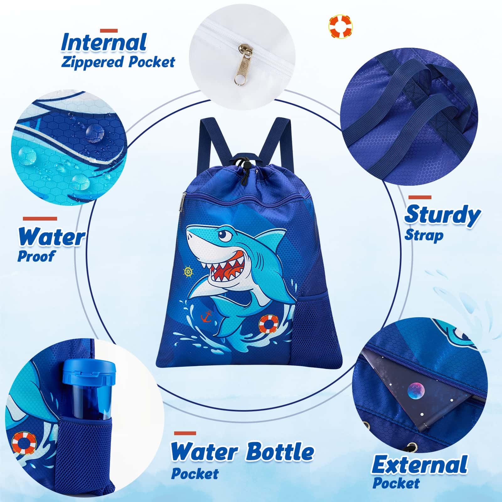 WAWSAM Shark Gym Drawstring Backpack - 15” x 17” Sports Gym Bag Drawstring Bag for Boys Kids Waterproof String Backpack for Beach Swim Travel Yoga Gift with Zipper Pocket and Water Bottle Pocket