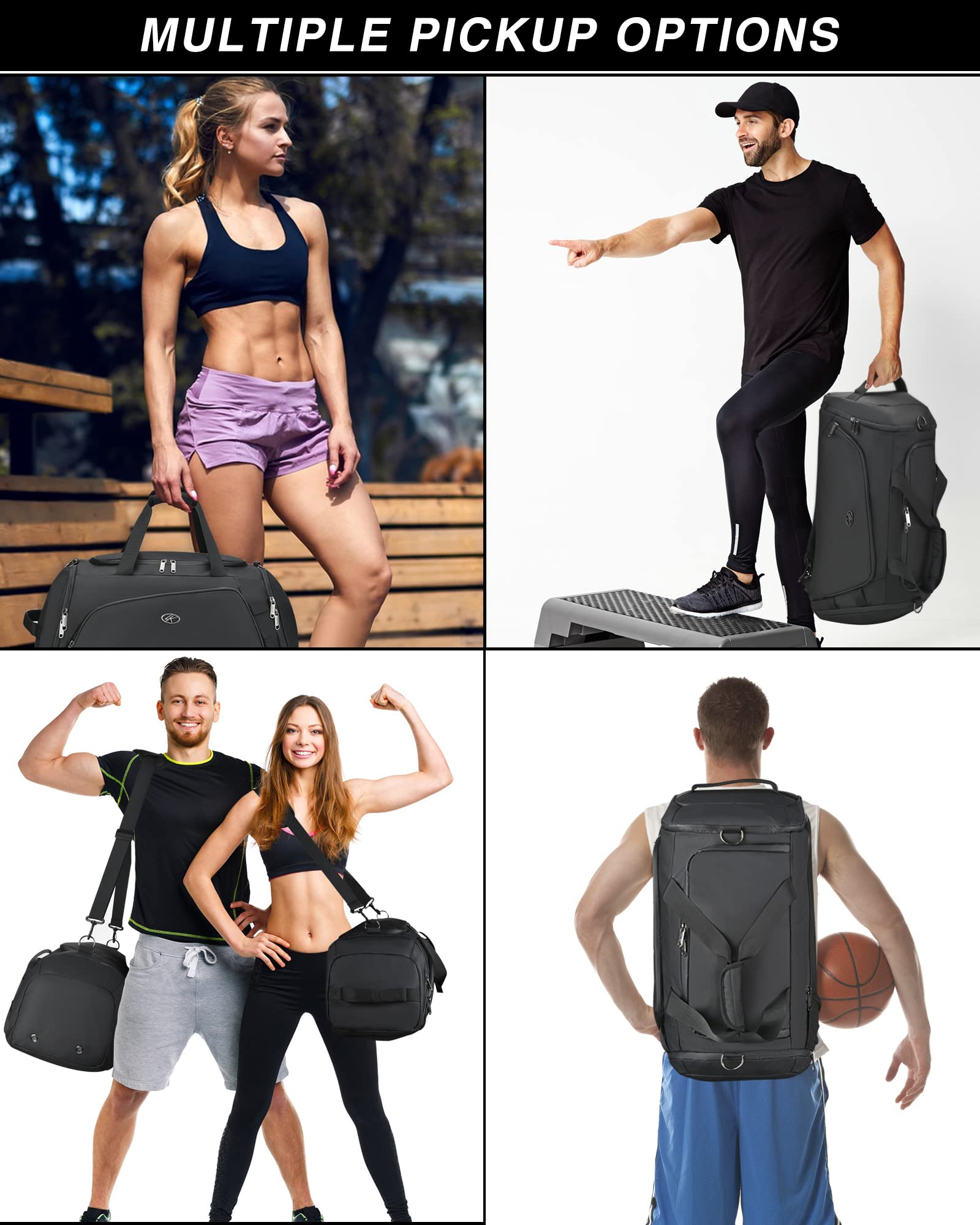 LOKASS Gym Bag for Men/Women-Duffle Sports Bag with Shoe Compartment, Carry On Weekender/Overnight Bag, Waterproof Gym Backpack Travel Bag for Camping (Black，Large)