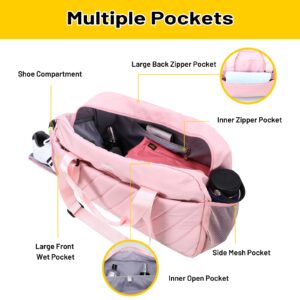 MIER Gym Bag for Women Cute Pink Travel Duffle Bags Quilted Shoulder Weekender Overnight Tote Bags with Shoes Compartment and Wet Pocket, 35L