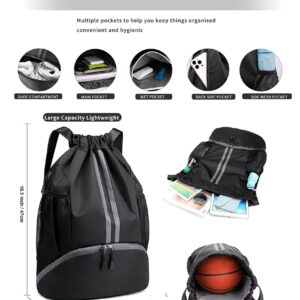 SENIKO Drawstring Backpack,String Swim Gym Bag with Shoes Compartment and Wet Proof Pocket for Women Men Sports Travel (Black)