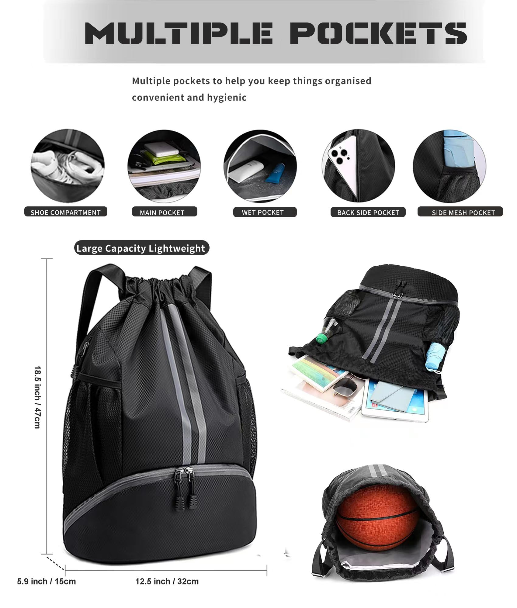 SENIKO Drawstring Backpack,String Swim Gym Bag with Shoes Compartment and Wet Proof Pocket for Women Men Sports Travel (Black)