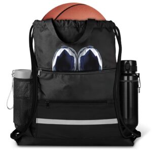 auruza drawstring backpack bag, waterproof black draw string back sack with zip pocket pe gym cinch tote basketball soccer string bags sackpack bulk swim bag for men women