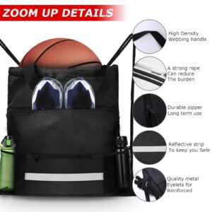 AURUZA Drawstring Backpack Bag, Waterproof Black Draw String Back Sack with Zip Pocket PE Gym Cinch Tote Basketball Soccer String Bags Sackpack Bulk Swim Bag for Men Women