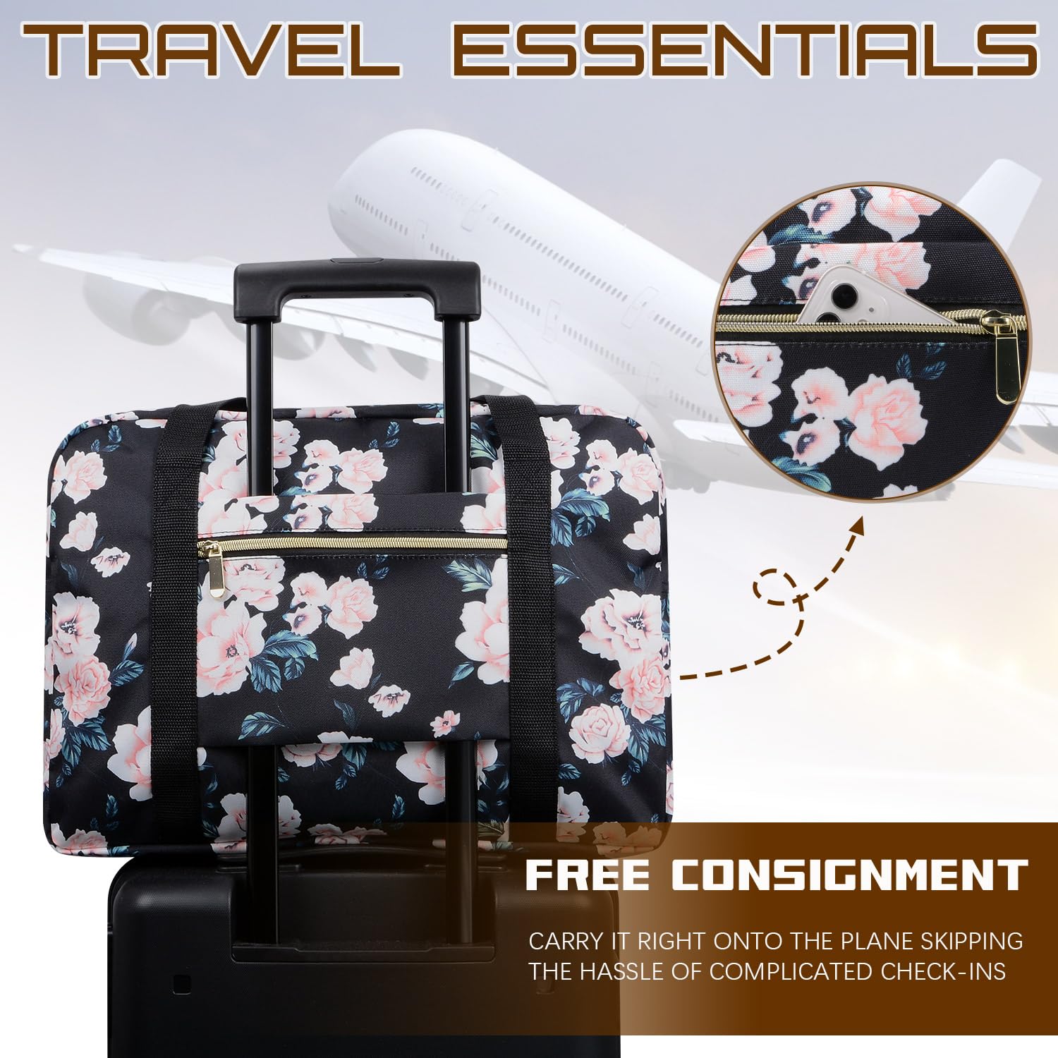 Gym Bag for Women, Travel Duffel Bag, Tote Bag,Weekender bag,For Spirit Airlines Personal Item Bag 18x14x8,Foldable Carry on Luggage for Women - Black Pink Floral