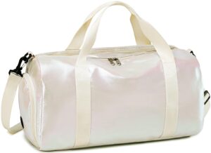 gym bag sports duffle bag with wet pocket weekender overnight bag with waterproof shoe pouch and air hole for women girls travel foldable bag (metallic beige)
