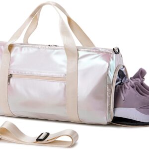 Gym Bag Sports Duffle Bag with Wet Pocket Weekender Overnight Bag with Waterproof Shoe Pouch and Air Hole for Women Girls Travel Foldable Bag (Metallic Beige)