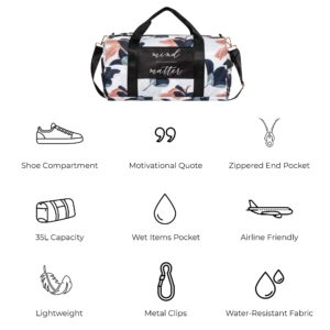 Gym Bag for Women with Shoe Compartment and Wet Pocket | Durable Lightweight Gym Duffle Bag with Motivational Quote and Graphic Designs | Great for Exercise and Overnights | White/Navy - Guava Leaf