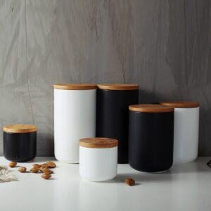 YYW Ceramic Jar with Lid, Kitchen Canisters Set with Airtight Seal Bamboo Lid, Black White Food Storage Canister for Tea, Coffee Bean, Sugar, Flour (Black：three piece)