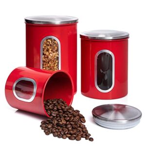 mixpresso 3 piece red canisters sets for the kitchen, kitchen jars with see through window, airtight coffee container tea organizer & sugar canister, kitchen canisters set of 3 red kitchen decor.