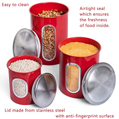 Mixpresso 3 Piece Red Canisters Sets For The Kitchen, Kitchen Jars With See Through Window, Airtight Coffee Container Tea Organizer & Sugar Canister, Kitchen Canisters Set of 3 Red Kitchen Decor.