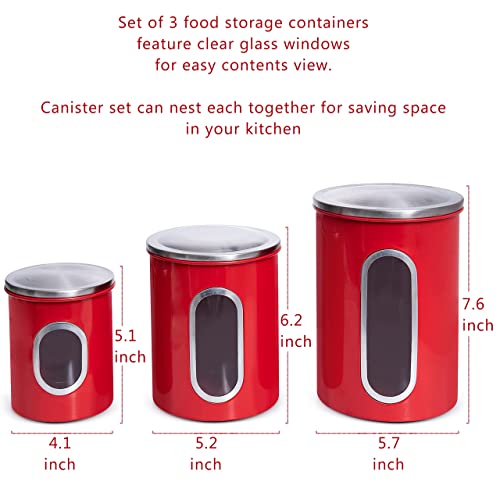 Mixpresso 3 Piece Red Canisters Sets For The Kitchen, Kitchen Jars With See Through Window, Airtight Coffee Container Tea Organizer & Sugar Canister, Kitchen Canisters Set of 3 Red Kitchen Decor.