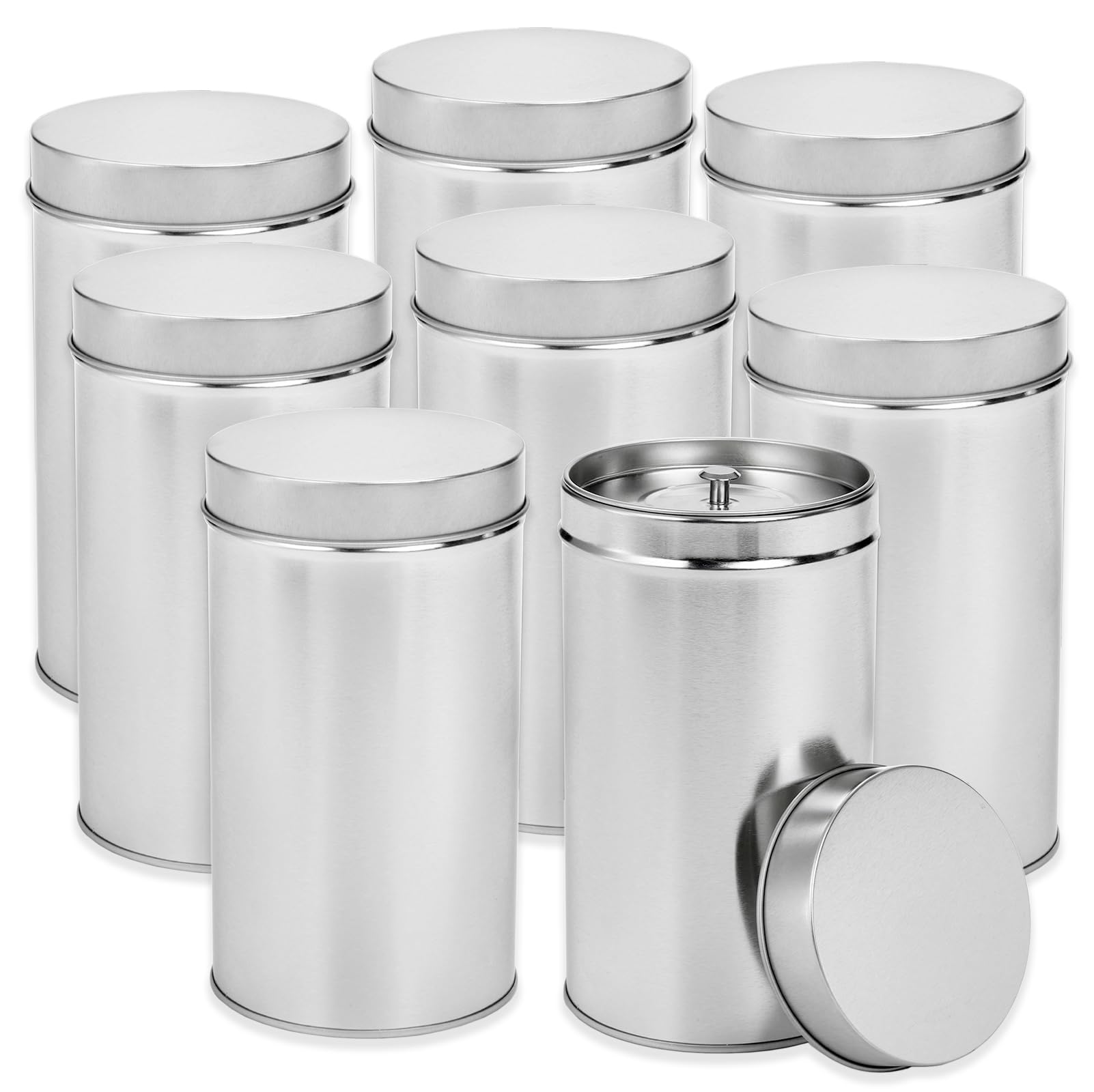 Yesland 8 Pack Tea Tin Canister with Airtight Double Lids, 33 Fluid oz Tea Storage Organizer Tin Can Box Round Loose Leaf Tea Kitchen Canisters for Coffee, Candy, Herbs and Spices(Silver)