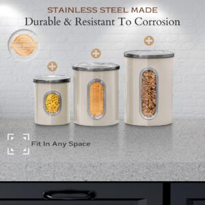 Moss & Stone 3 Piece Beige Canisters Sets For The Kitchen, Kitchen Jars With See Window, Airtight Coffee Container Tea Organizer & Sugar Canister, Kitchen Canisters Set of 3 Beige Kitchen Decor