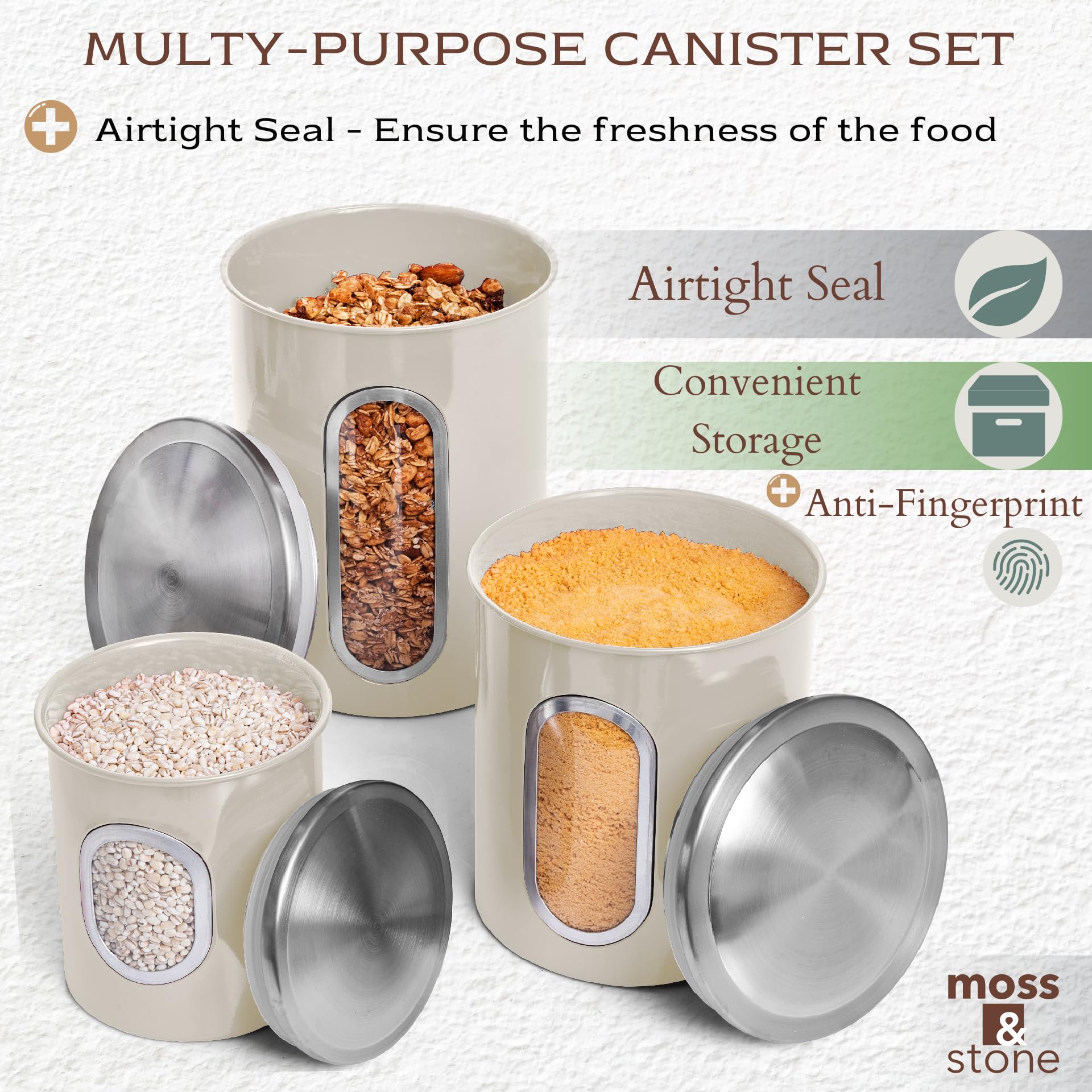 Moss & Stone 3 Piece Beige Canisters Sets For The Kitchen, Kitchen Jars With See Window, Airtight Coffee Container Tea Organizer & Sugar Canister, Kitchen Canisters Set of 3 Beige Kitchen Decor