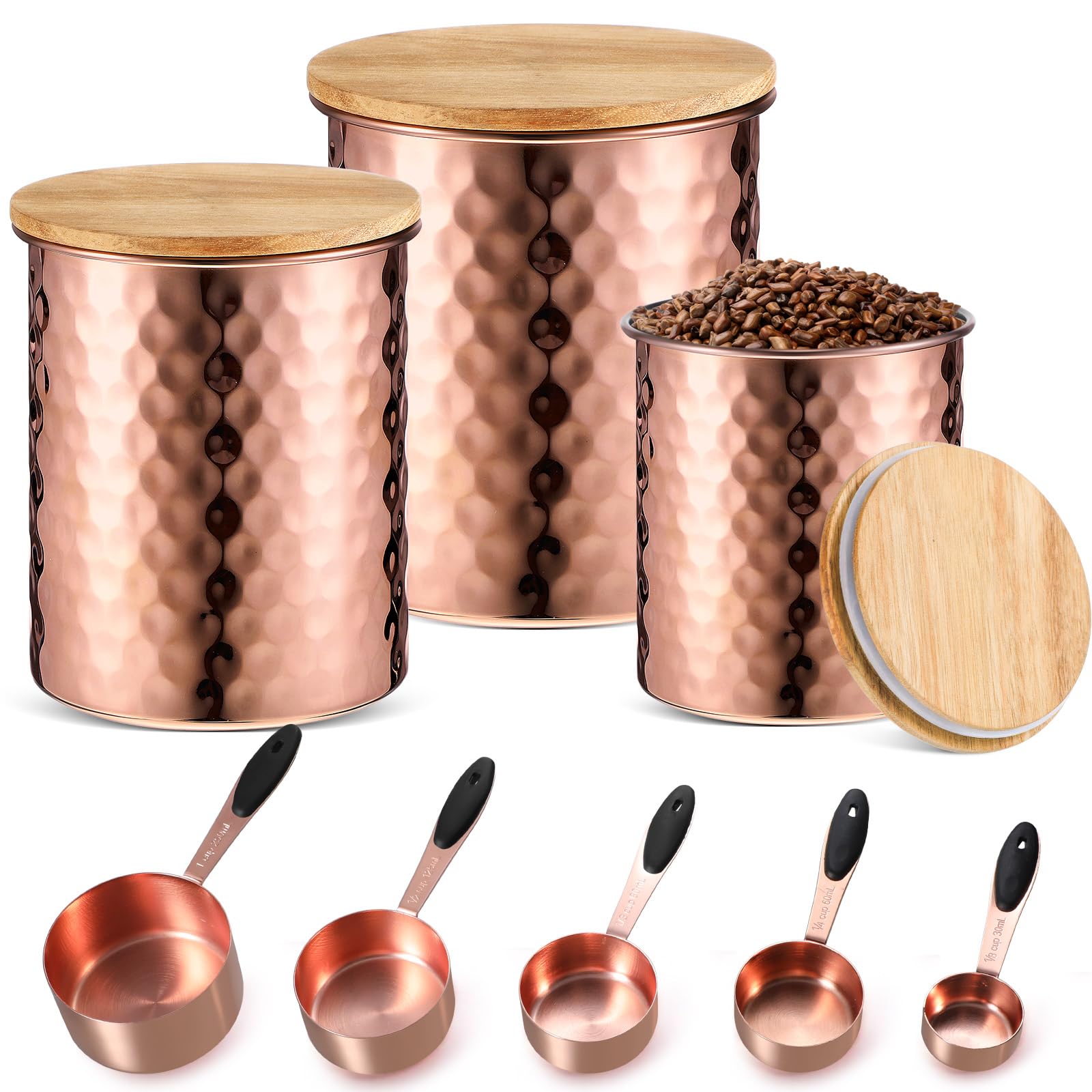 Tanlade 8 Pcs 30.43 Oz, 47.34 Oz, 60.87 oz Copper Canisters Set for Kitchen Stainless Steel Nesting Measuring Cups and Spoons Set with Silicone Handle Flour Sugar Canister Set with Wood Lids