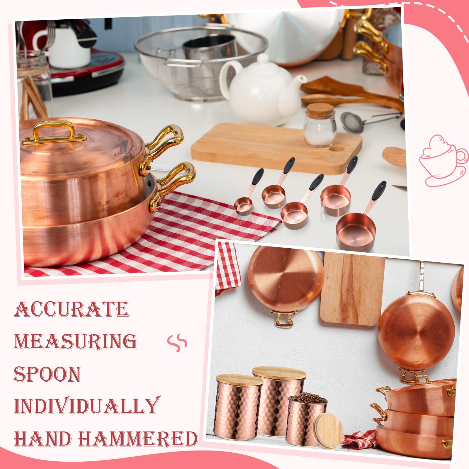 Tanlade 8 Pcs 30.43 Oz, 47.34 Oz, 60.87 oz Copper Canisters Set for Kitchen Stainless Steel Nesting Measuring Cups and Spoons Set with Silicone Handle Flour Sugar Canister Set with Wood Lids