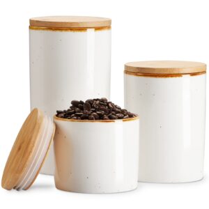 ONEMORE Ceramic Canisters Set for Kitchen Ceramic Storage Jars Countertop Sugar and Flour Storage Canisters With Bamboo Lids - Set of 3 Speckled Coffee Container Jars for Sugar, Tea, Cereal, Snack