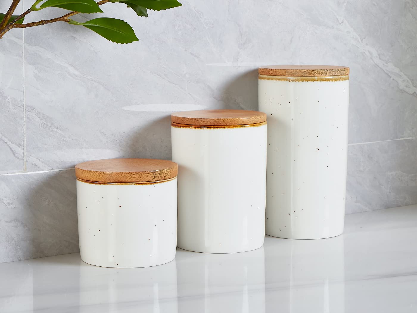 ONEMORE Ceramic Canisters Set for Kitchen Ceramic Storage Jars Countertop Sugar and Flour Storage Canisters With Bamboo Lids - Set of 3 Speckled Coffee Container Jars for Sugar, Tea, Cereal, Snack