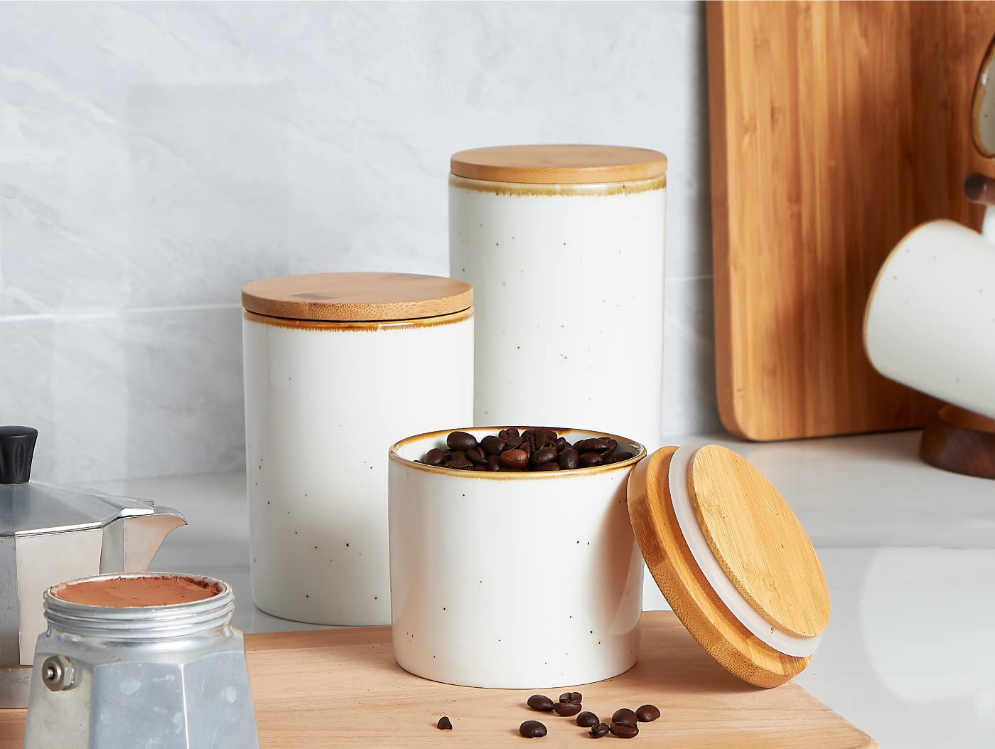 ONEMORE Ceramic Canisters Set for Kitchen Ceramic Storage Jars Countertop Sugar and Flour Storage Canisters With Bamboo Lids - Set of 3 Speckled Coffee Container Jars for Sugar, Tea, Cereal, Snack