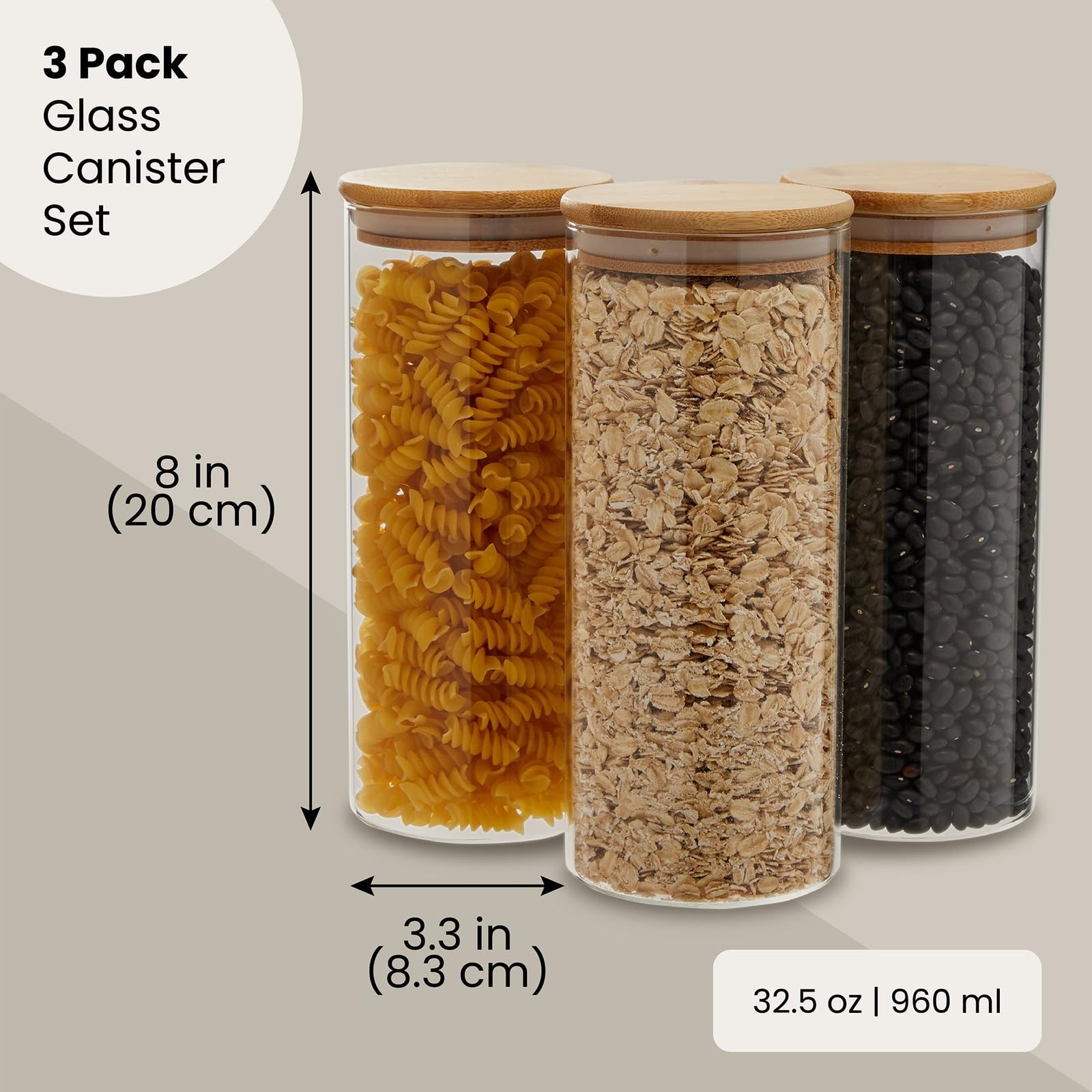 Juvale Glass Canisters with Airtight Bamboo Lids, 3 Pack Glass Storage Containers for Pantry, Ideal for Dry Foods, Coffee, Sugar, and Snacks, 32.5 oz