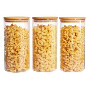 vtopmart set of 3 glass food storage jars, 50oz food containers with airtight bamboo wooden lids for pasta, nuts, flour, glass canisters for kitchen, pantry organization and storage, bpa free