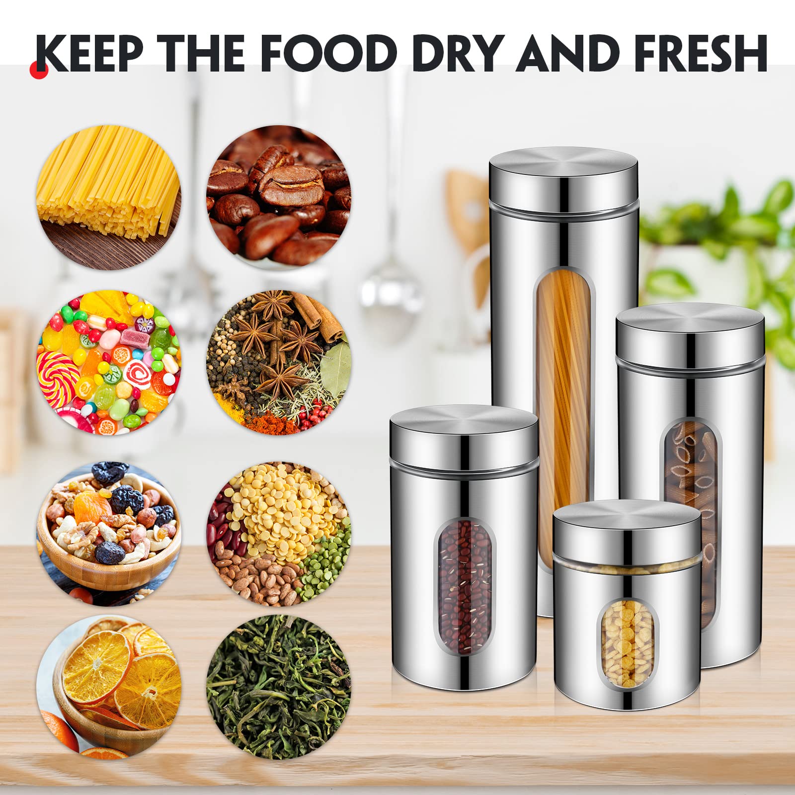 Zopeal 8 Pcs Kitchen Canister Set Stainless Steel Nested Canister Storage Set with Glass Window Airtight Lid Coffee Sugar Tea Storage Jars for Flour Pasta Cookies Spices Grains (Silver)