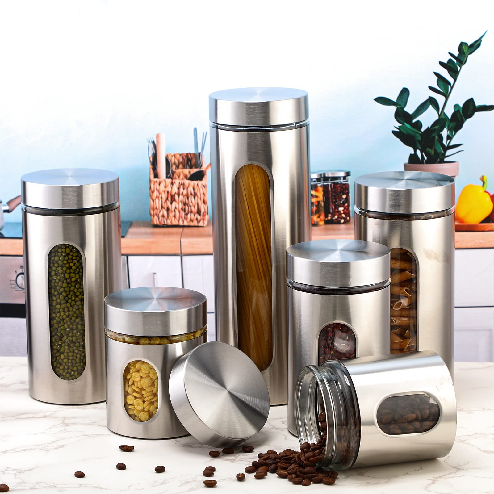 Zopeal 8 Pcs Kitchen Canister Set Stainless Steel Nested Canister Storage Set with Glass Window Airtight Lid Coffee Sugar Tea Storage Jars for Flour Pasta Cookies Spices Grains (Silver)